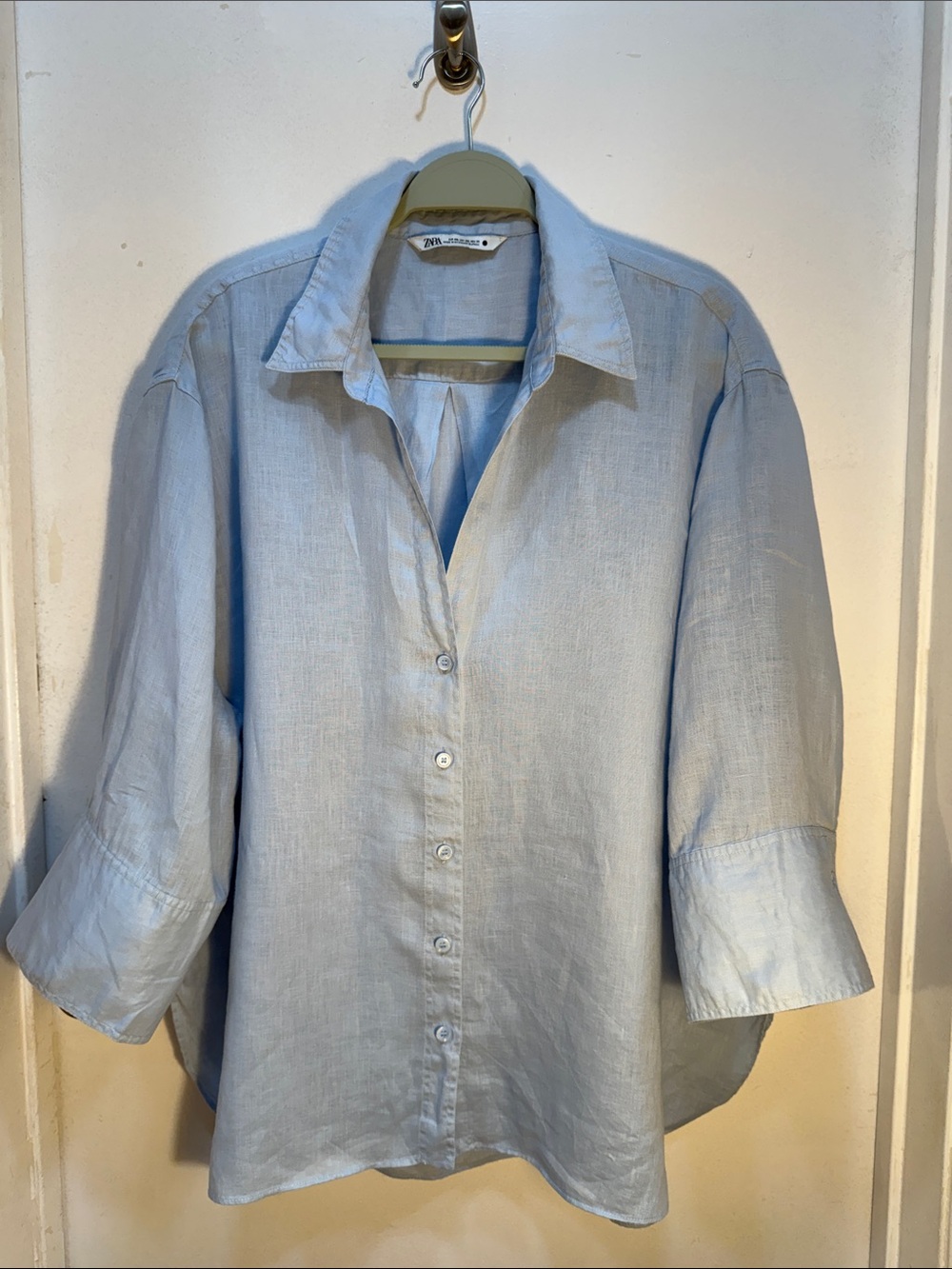 Zara Light Blue Casual Linen-Blend Button Down Shirt